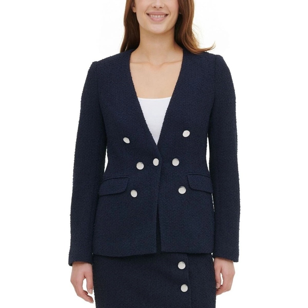 Calvin Klein Navy Blue Textured Tweed Double Breasted Blazer Jacket Size 4